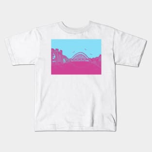 Bridges of NewcastleGateshead Quayside Linocut in Turquoise and Raspberry Kids T-Shirt